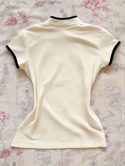 Women's Streetwear, New Stand-up Collar Contrast Trim Elegant Short-sleeve T-shirt