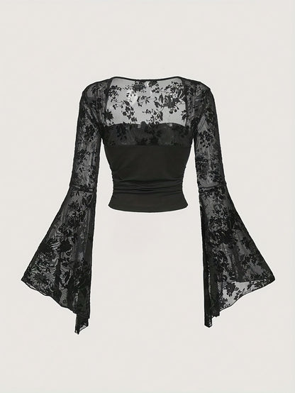 Women'S Black Bell-Sleeve T-Shirt with Lace And Bow Design