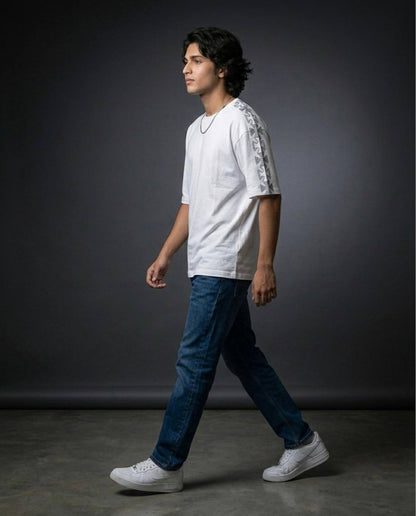 Luxury Oversized White T-Shirt with Rhinestone Sleeve Design
