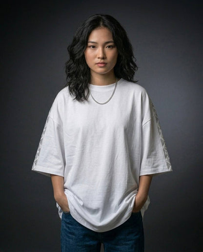 Luxury Oversized White T-Shirt with Rhinestone Sleeve Design