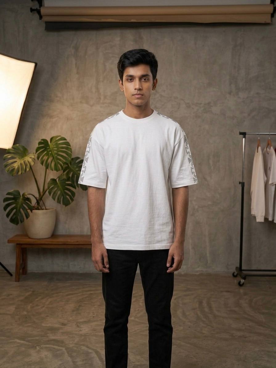 Luxury Oversized White T-Shirt with Rhinestone Sleeve Design