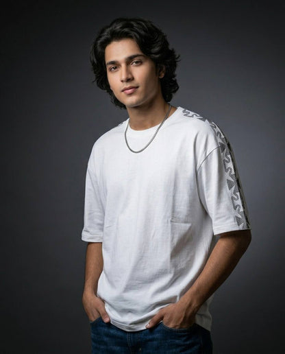 Luxury Oversized White T-Shirt with Rhinestone Sleeve Design
