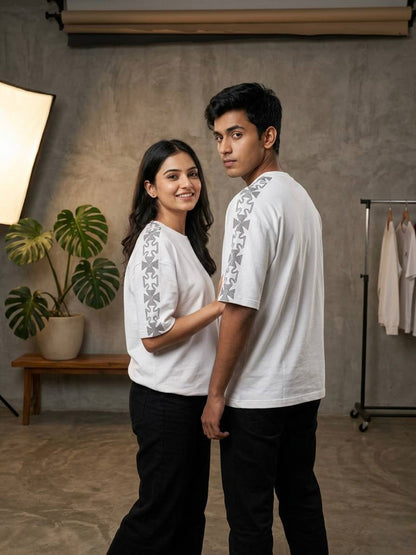 Luxury Oversized White T-Shirt with Rhinestone Sleeve Design