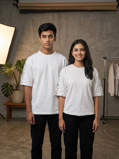 Luxury Oversized White T-Shirt with Rhinestone Sleeve Design