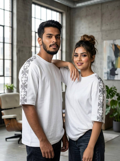 Luxury Oversized White T-Shirt with Rhinestone Sleeve Design